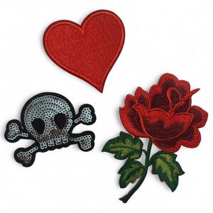 Red Heart, Skull, and Rose Patches